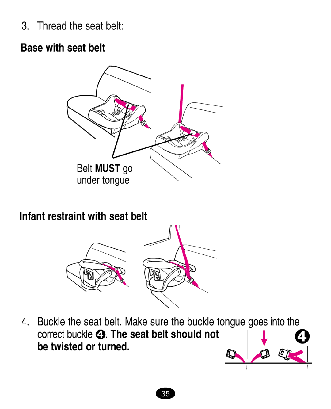 Graco 6123.6113 &6114 Thread the seat belt, Base with seat belt, Infant restraint with seat belt, Be twisted or turned 