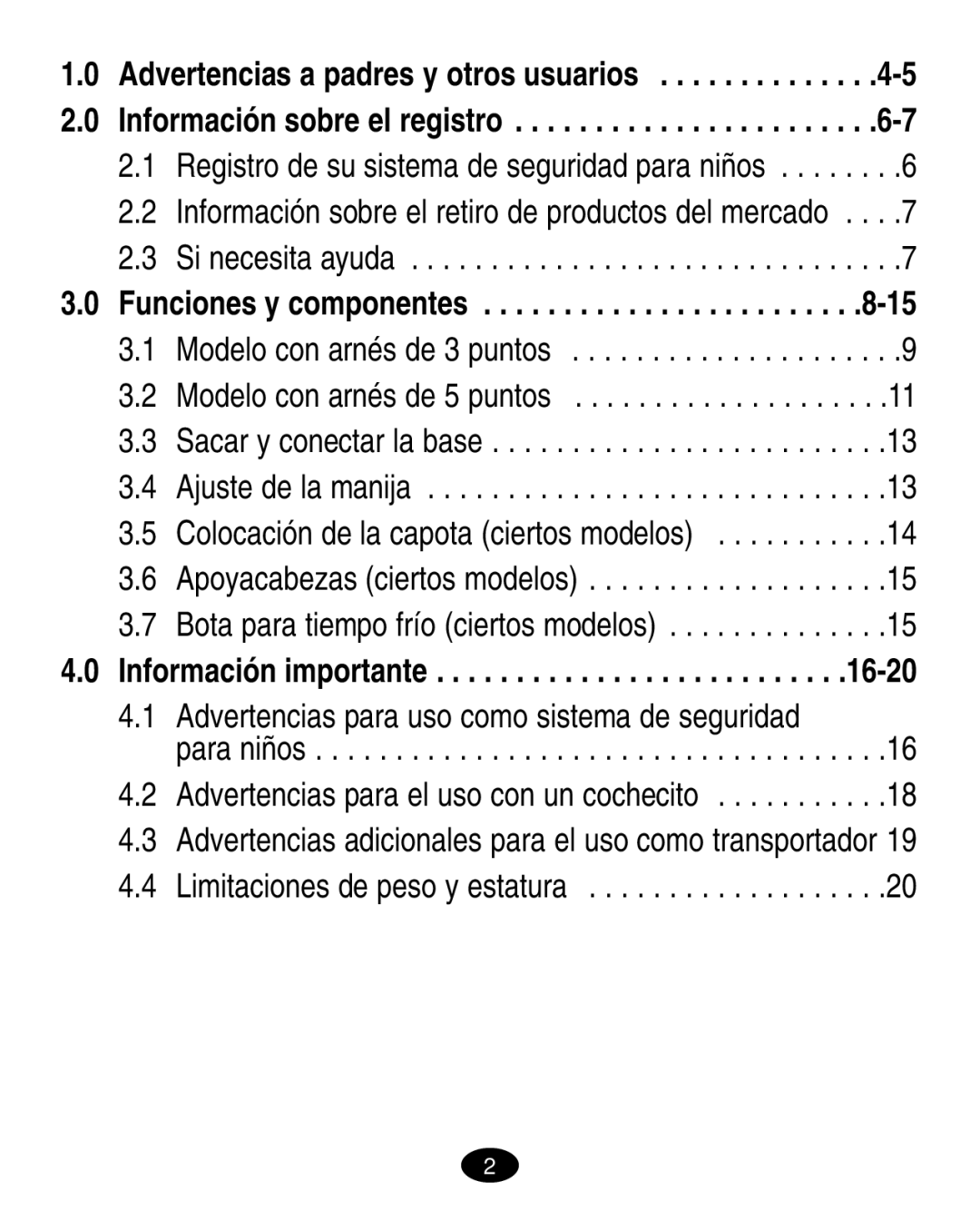 Graco 6310, 6123.6113 &6114 manual Advertencias para uso como sistema de seguridad, Funciones y componentes 