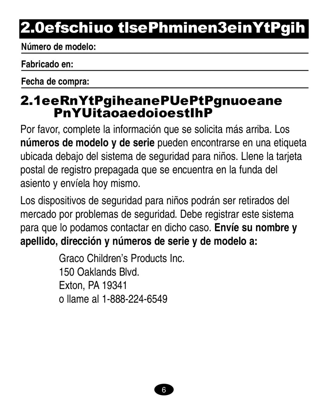 Graco 6310 manual Información sobre el registro, Registro de su sistema de seguridad para niños, Exton, PA Llame al 