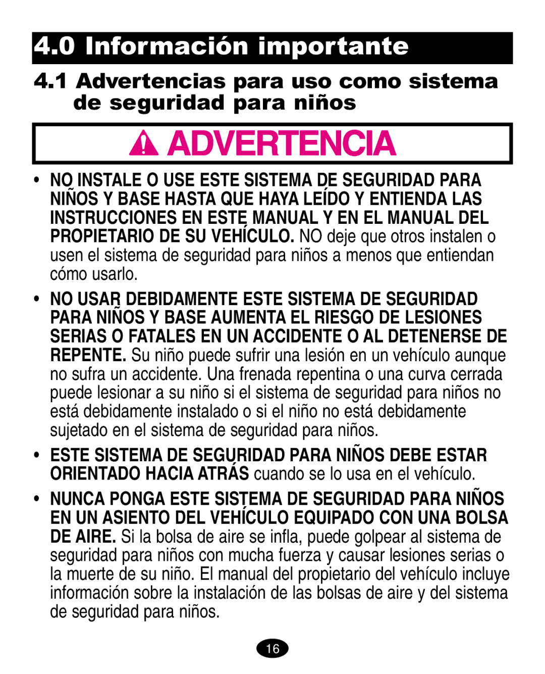 Graco 6310, 6123.6113 &6114 manual Información importante, Advertencias para uso como sistema De seguridad para niños 