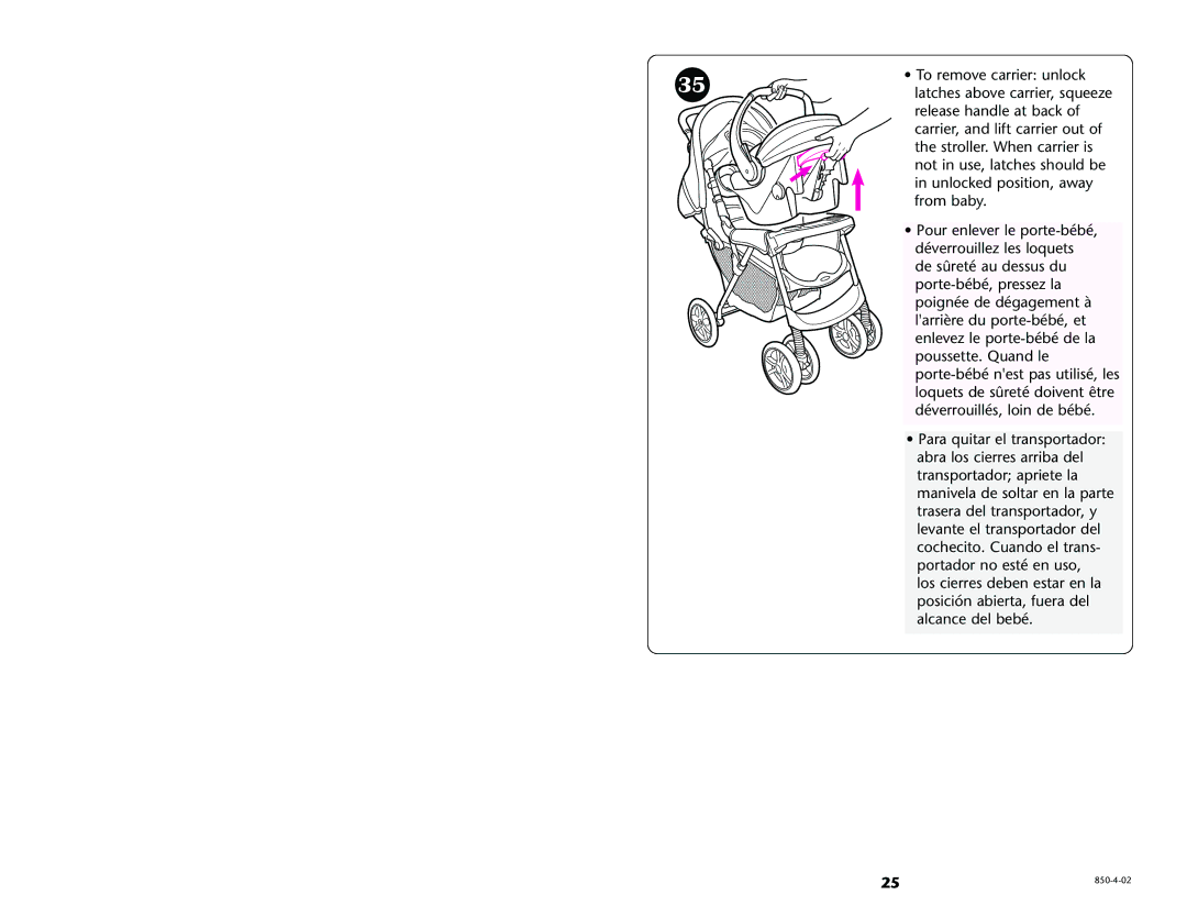 Graco 6111, 6316, 6114, 6118 manual To remove carrier unlock 