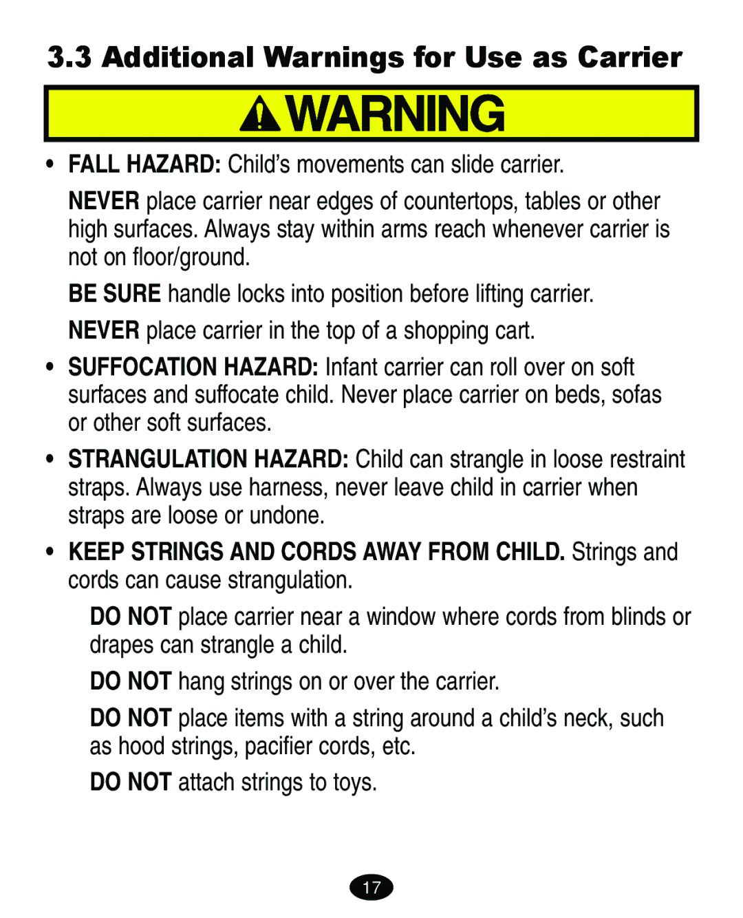 Graco 6111, 6316, 6114, 6118 manual Additional Warnings for Use as Carrier 