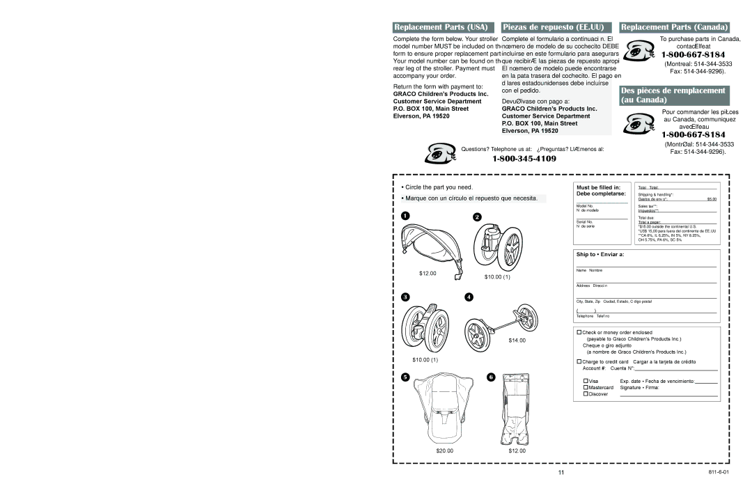 Graco 6474, 6451 owner manual Replacement Parts USA, Piezas de repuesto EE.UU, Montreal Fax, Montréal Fax 