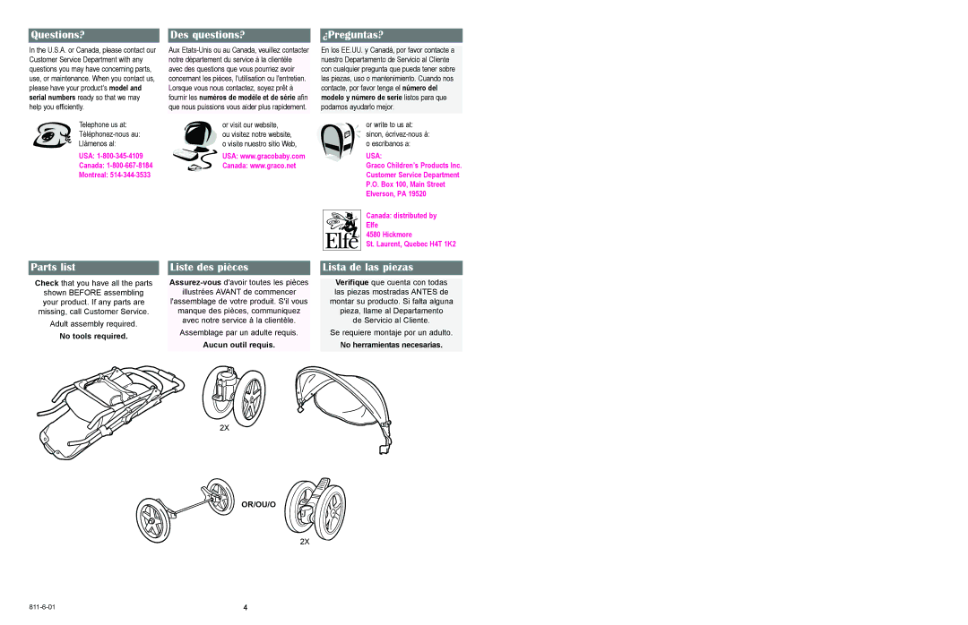 Graco 6451, 6474 owner manual Questions?, Parts list, Des questions?, Liste des pièces, ¿Preguntas?, Lista de las piezas 
