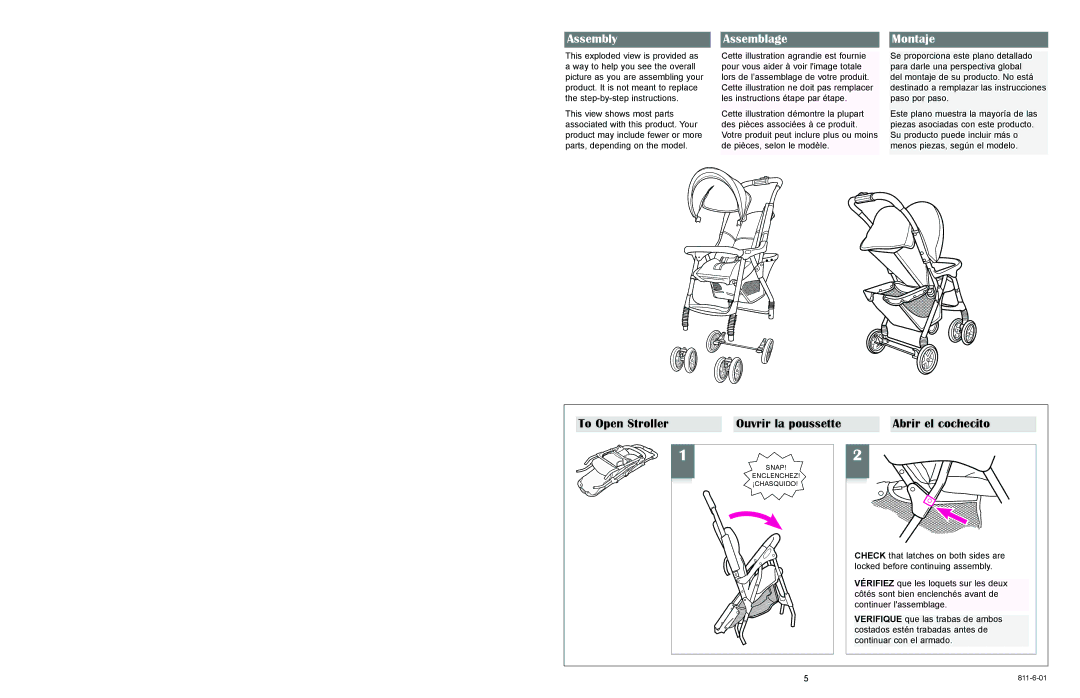 Graco 6474, 6451 owner manual Assembly Assemblage Montaje, To Open Stroller Ouvrir la poussette Abrir el cochecito 