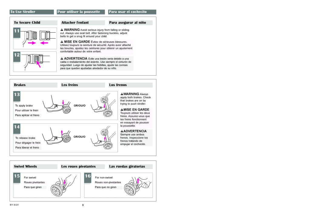 Graco 6451, 6474 owner manual Brakes, Los frenos, Swivel Wheels Les roues pivotantes 