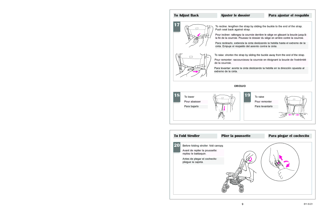 Graco 6474, 6451 owner manual To Adjust Back Ajuster le dossier, To Fold Stroller Plier la poussette 