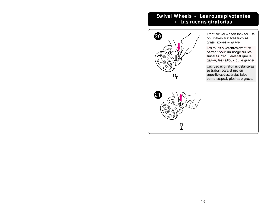 Graco 6478 owner manual Swivel Wheels Les roues pivotantes Las ruedas giratorias 