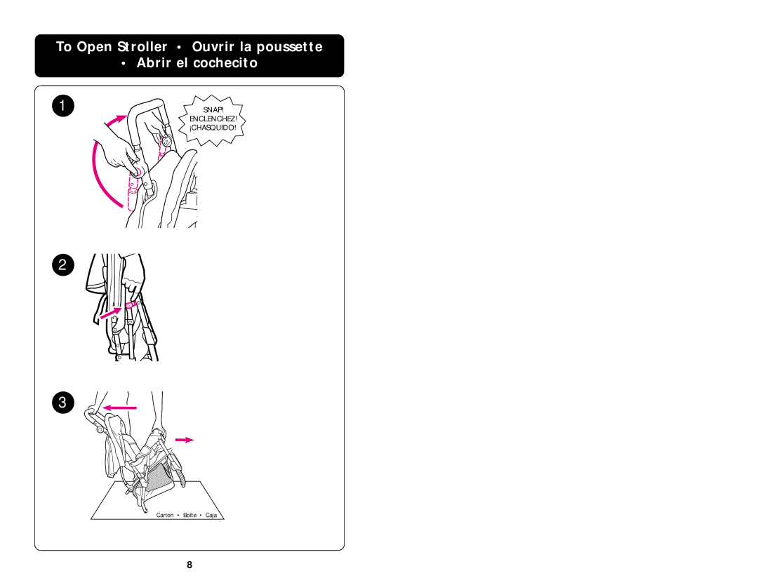 Graco 6478 owner manual To Open Stroller Ouvrir la poussette Abrir el cochecito 