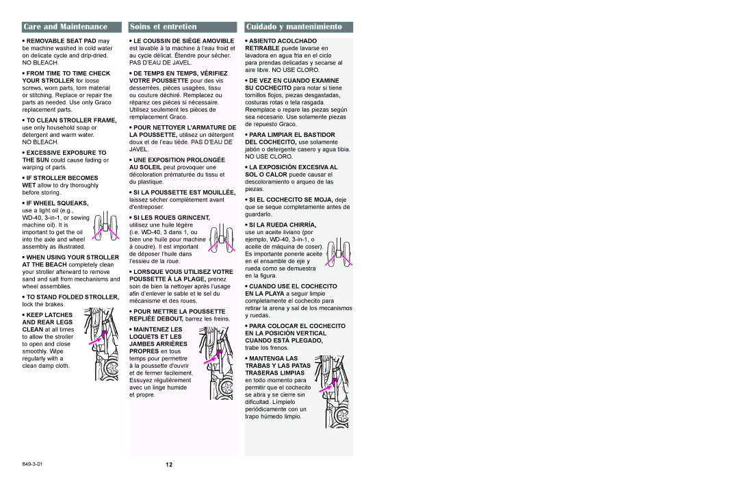 Graco 6490 owner manual Care and Maintenance, Soins et entretien, Cuidado y mantenimiento 