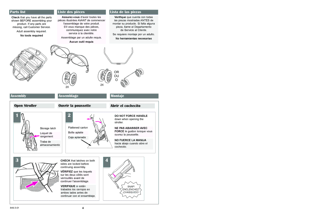 Graco 6490 owner manual Parts list, Liste des pièces Lista de las piezas, Assembly Assemblage Montaje, No tools required 