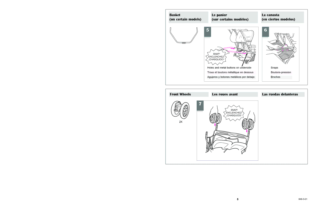 Graco 6490 owner manual Front Wheels Les roues avant Las ruedas delanteras 