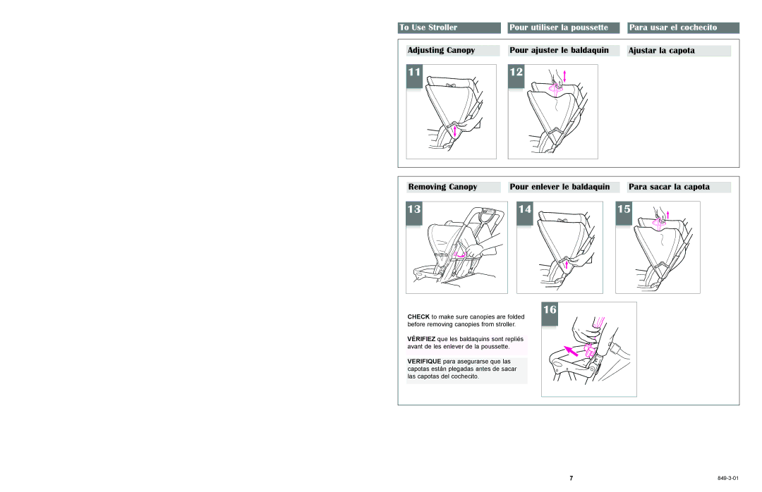 Graco 6490 owner manual Adjusting Canopy, Ajustar la capota, Removing Canopy, Para sacar la capota 