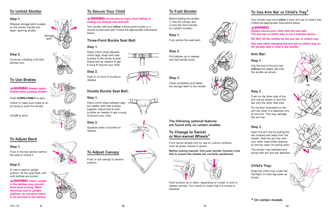 Graco 6600 To Unfold Stroller, To Use Brakes, To Adjust Back, To Secure Your Child, To Adjust Canopy To Fold Stroller 