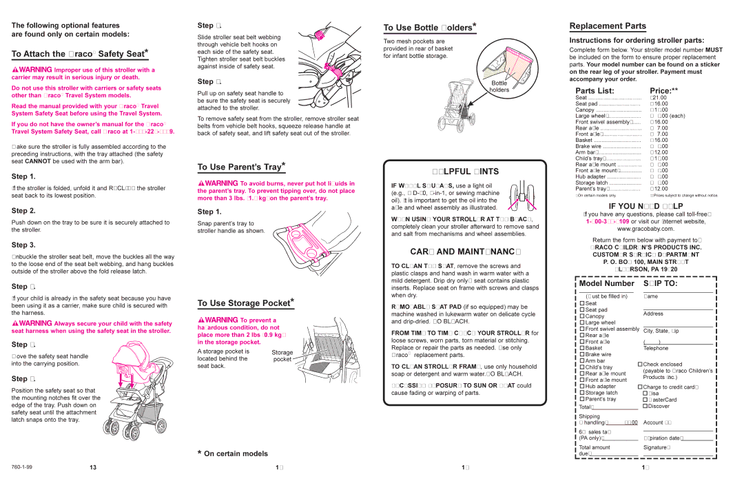 Graco 6600 manual To Attach the Graco Safety Seat, To Use Parent’s Tray, To Use Bottle Holders, Replacement Parts 