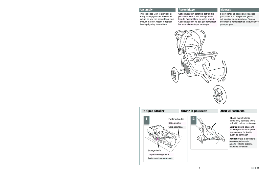 Graco 6800 Series manual Assembly Assemblage Montaje, To Open Stroller Ouvrir la poussette Abrir el cochecito 