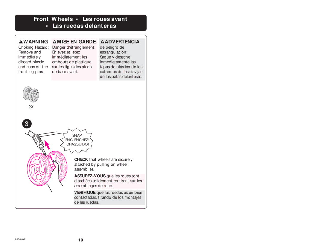 Graco 6874, 6888 manual Front Wheels Les roues avant Las ruedas delanteras, Mise EN Garde 