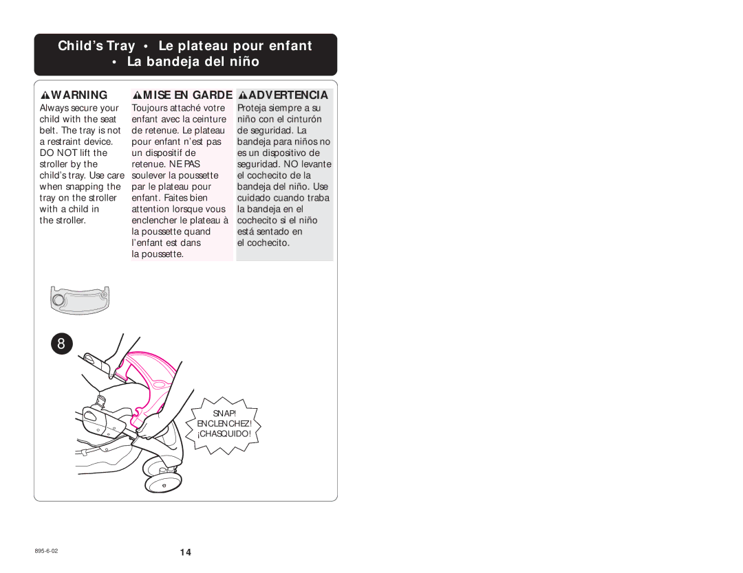 Graco 6874, 6888 manual Child’s Tray Le plateau pour enfant La bandeja del niño 