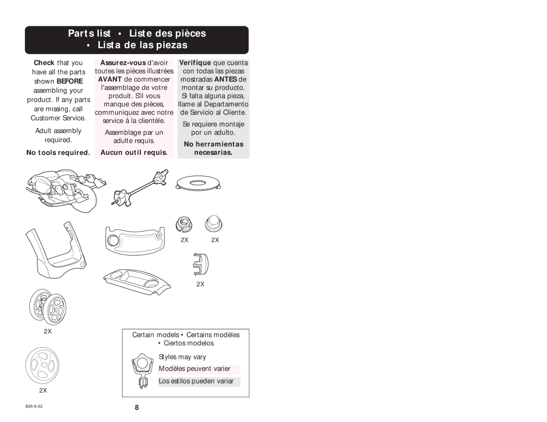 Graco 6874, 6888 manual Parts list Liste des pièces Lista de las piezas, Assurez-vous davoir Verifique que cuenta 