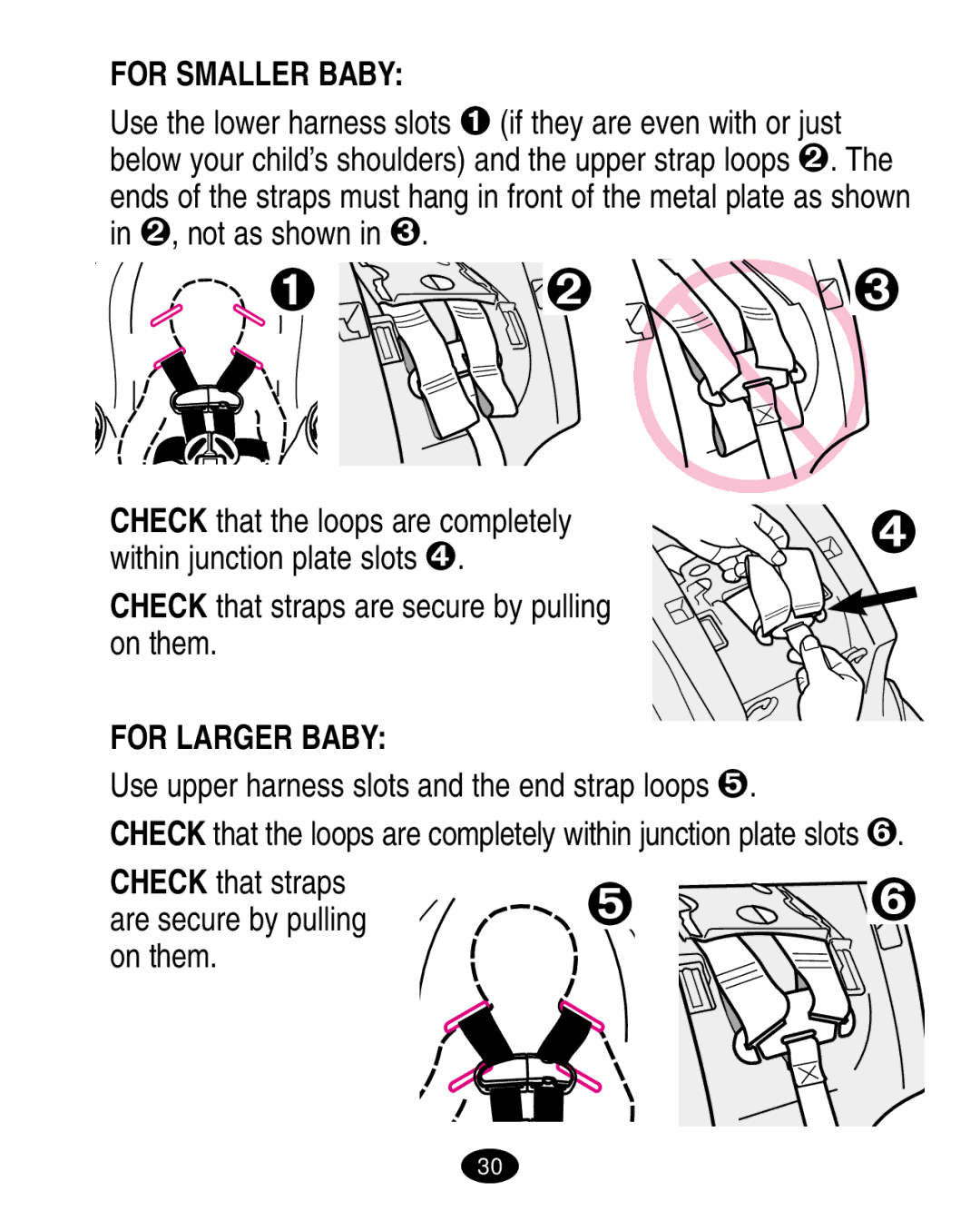 Graco 6900 Series manual For Smaller Baby, For Larger Baby, Use upper harness slots and the end strap loops  