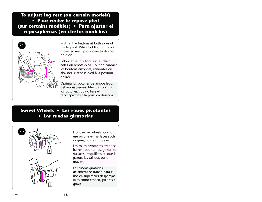 Graco 6900 manual Swivel Wheels Les roues pivotantes Las ruedas giratorias 