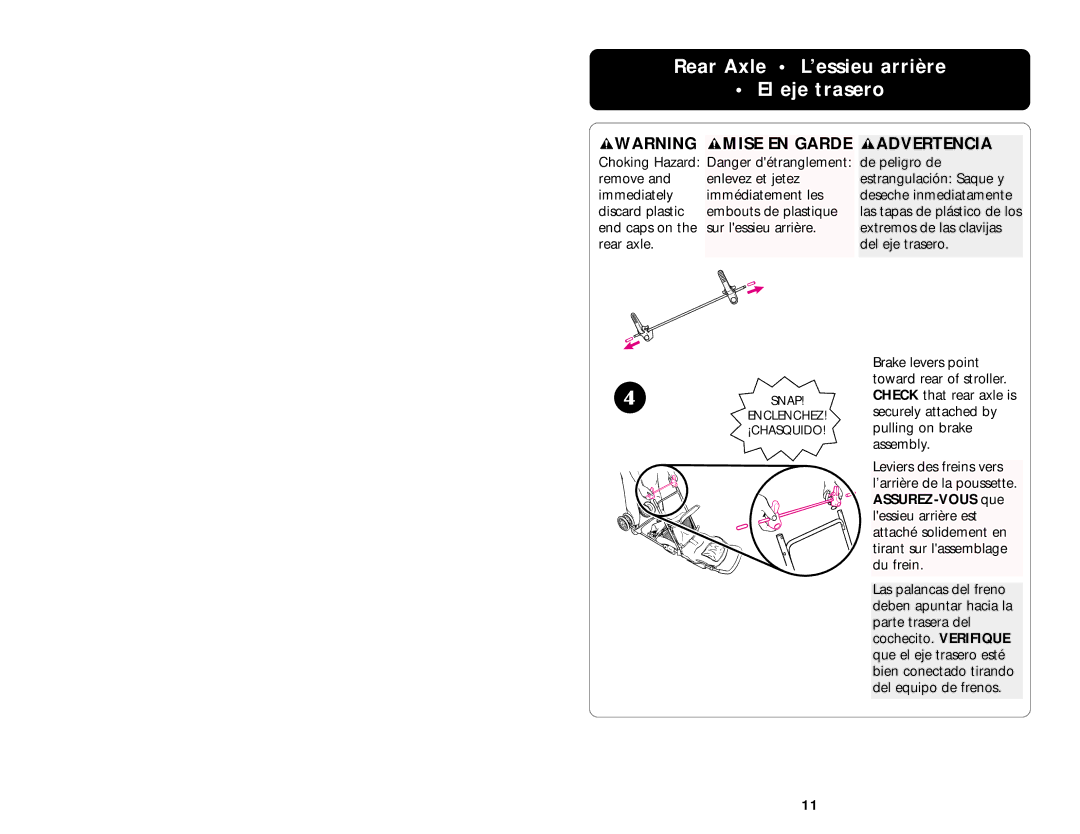 Graco 6907 manual Rear Axle L’essieu arrière El eje trasero, Advertencia 