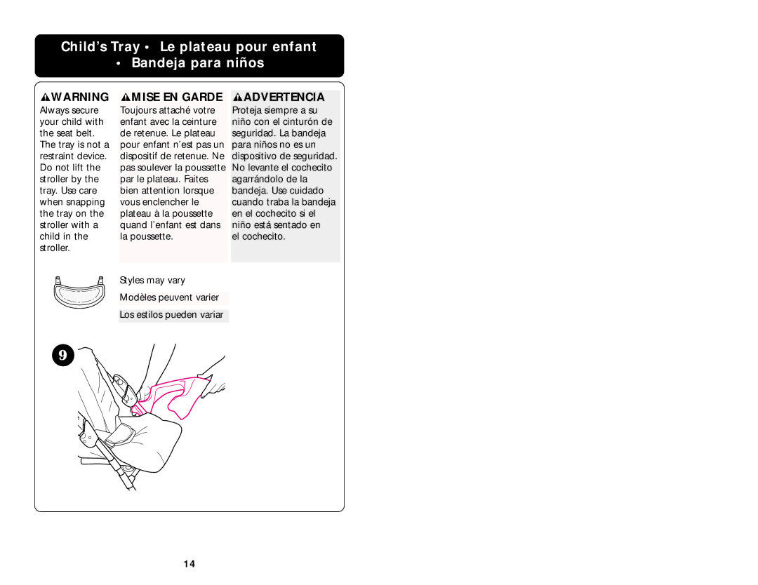 Graco 6907 manual Child’s Tray Le plateau pour enfant Bandeja para niños, Mise EN Garde 