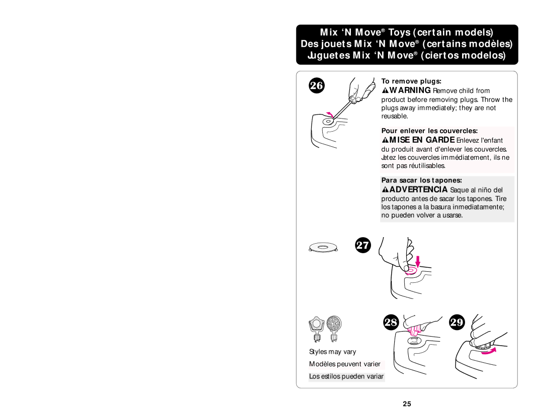 Graco 6907 manual To remove plugs, Pour enlever les couvercles, Para sacar los tapones 