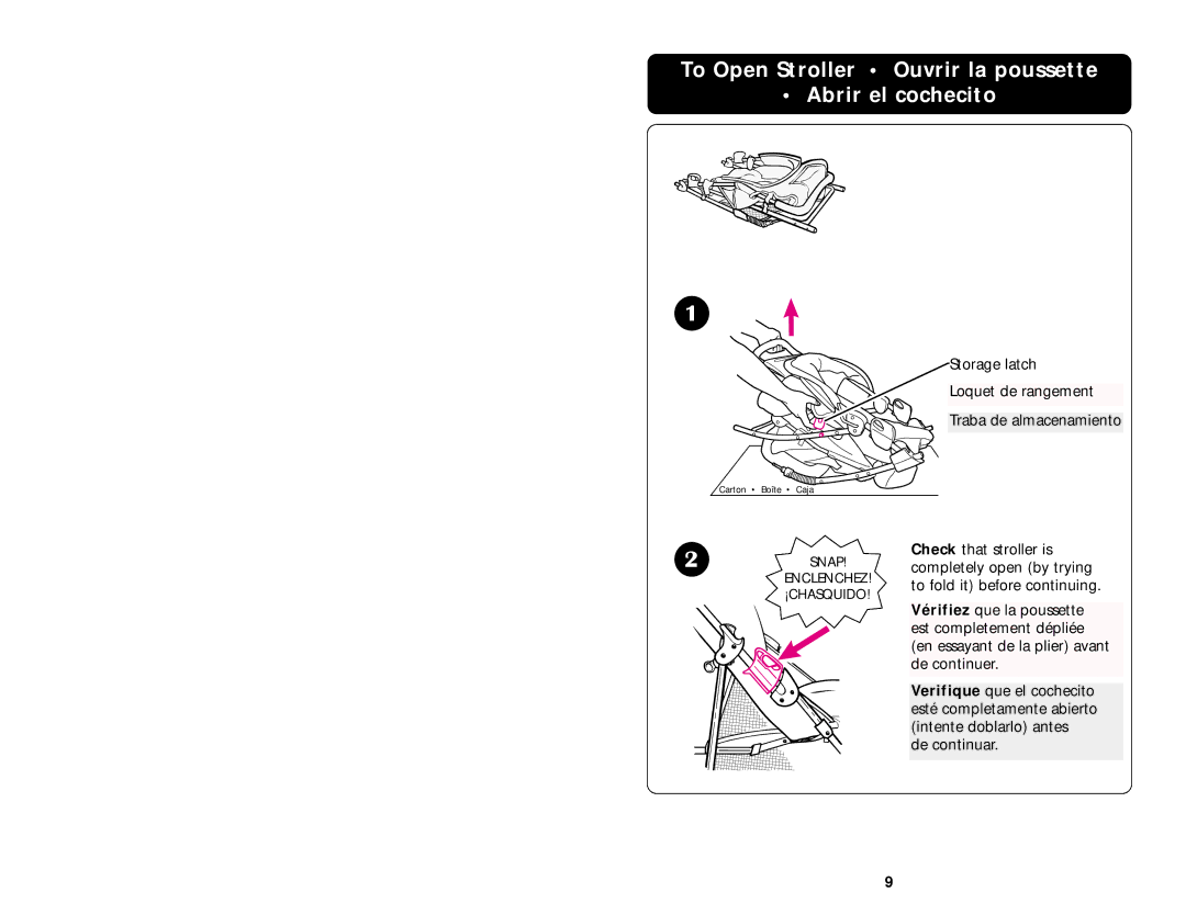 Graco 6907 manual To Open Stroller Ouvrir la poussette Abrir el cochecito 