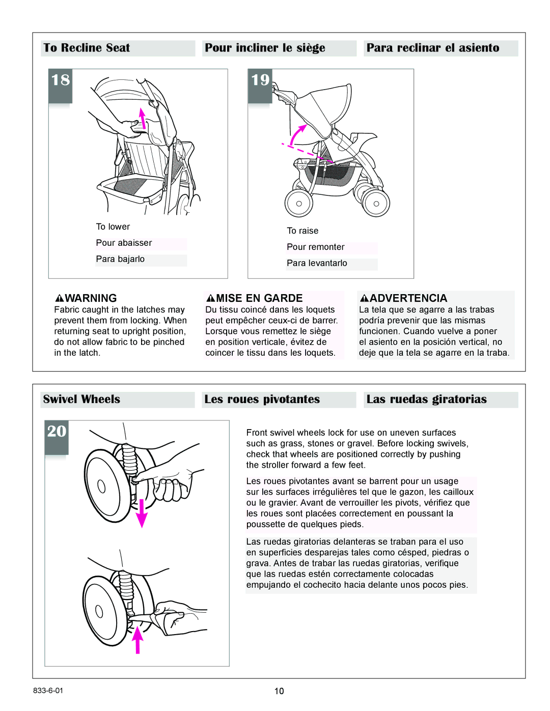 Graco 6948, 6936, 6938, 6929, 6937 owner manual Swivel Wheels Les roues pivotantes, Mise EN Garde 