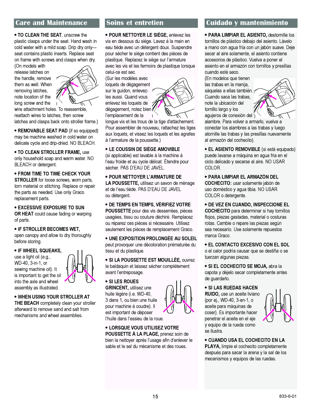 Graco 6948, 6936, 6938, 6929, 6937 owner manual Care and Maintenance, Soins et entretien, Cuidado y mantenimiento 