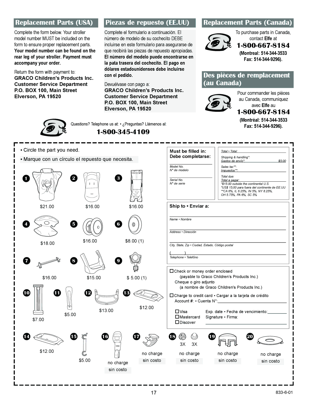 Graco 6938, 6948 Replacement Parts USA, Piezas de repuesto EE.UU, Replacement Parts Canada, Montreal Fax, Montréal Fax 