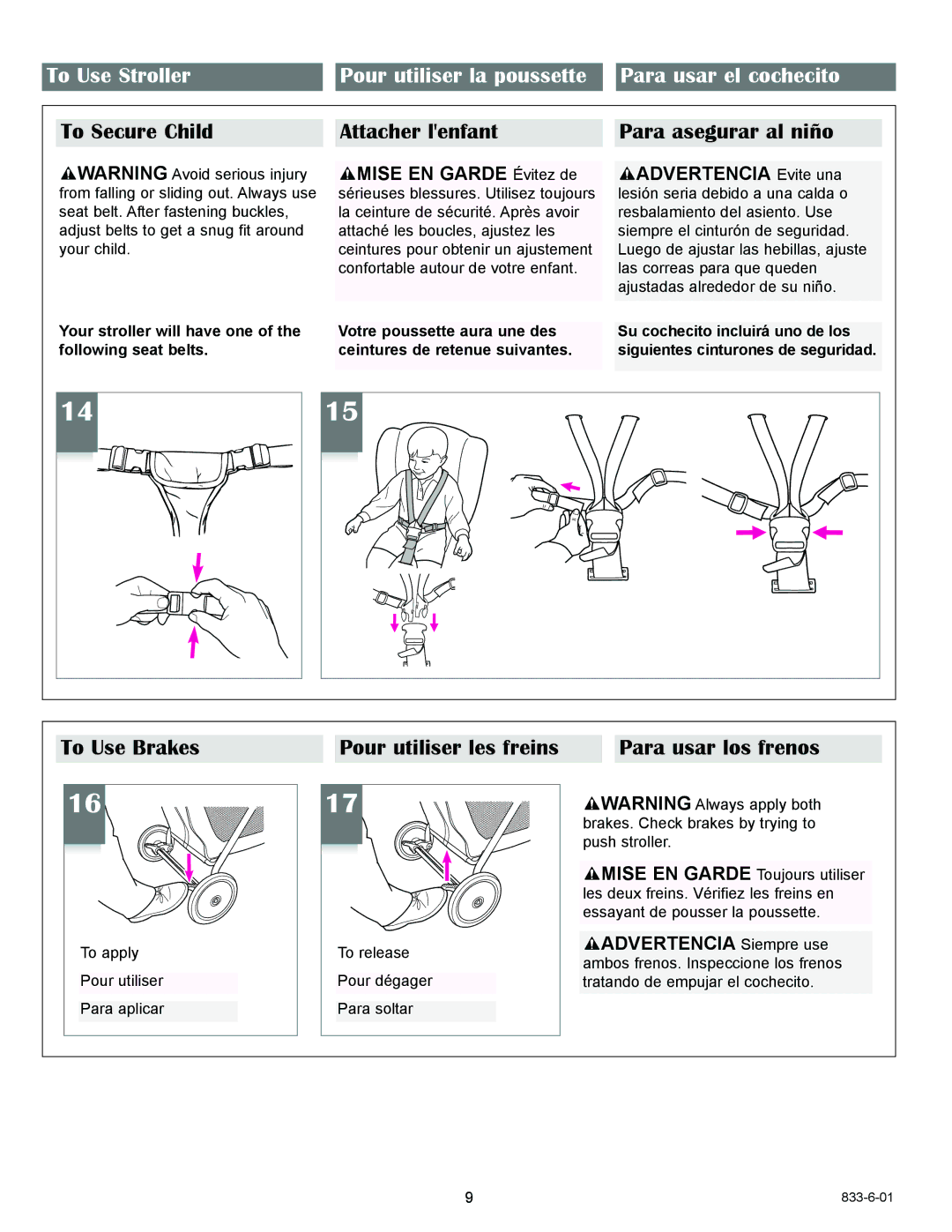 Graco 6937, 6948, 6936, 6938 To Use Stroller, Para usar el cochecito, To Secure Child Attacher lenfant Para asegurar al niño 