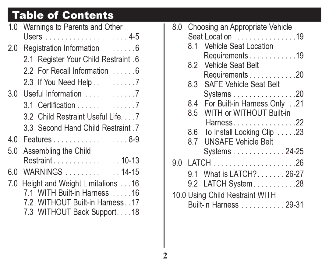 Graco 70 owner manual Table of Contents 