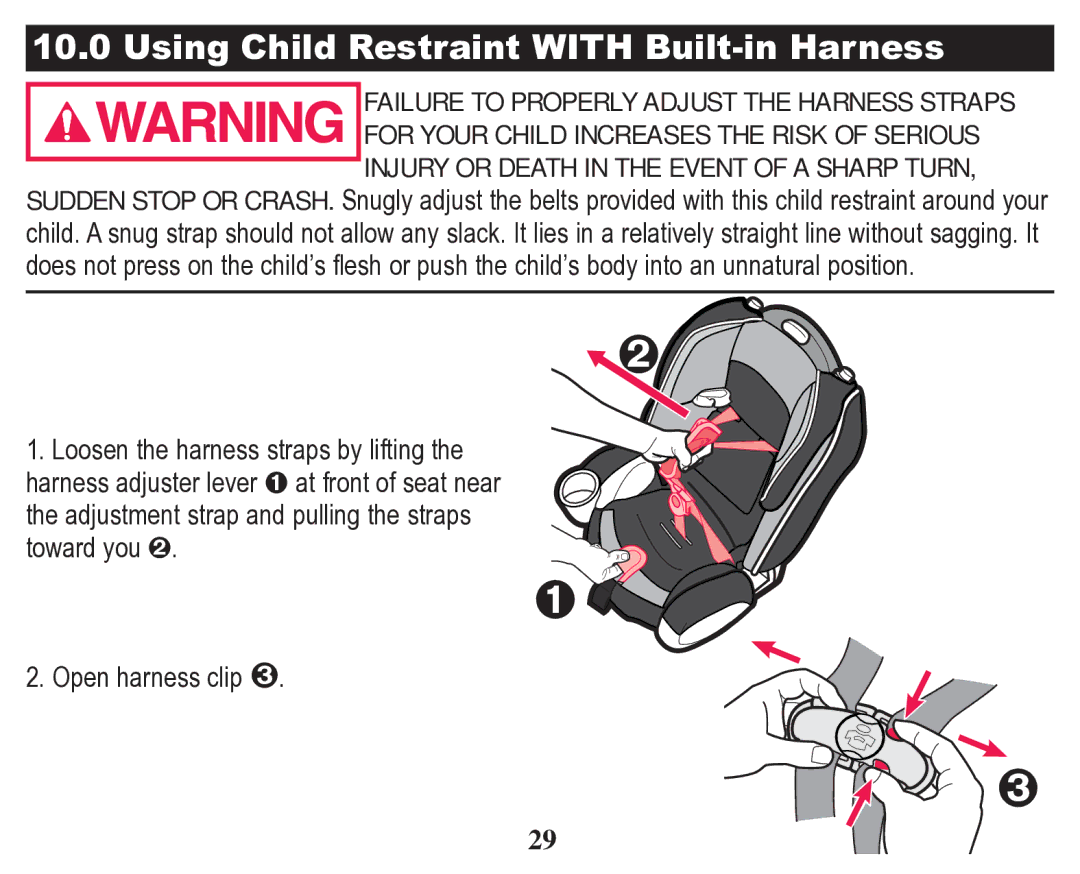 Graco 70 owner manual Using Child Restraint with Built-in Harness 