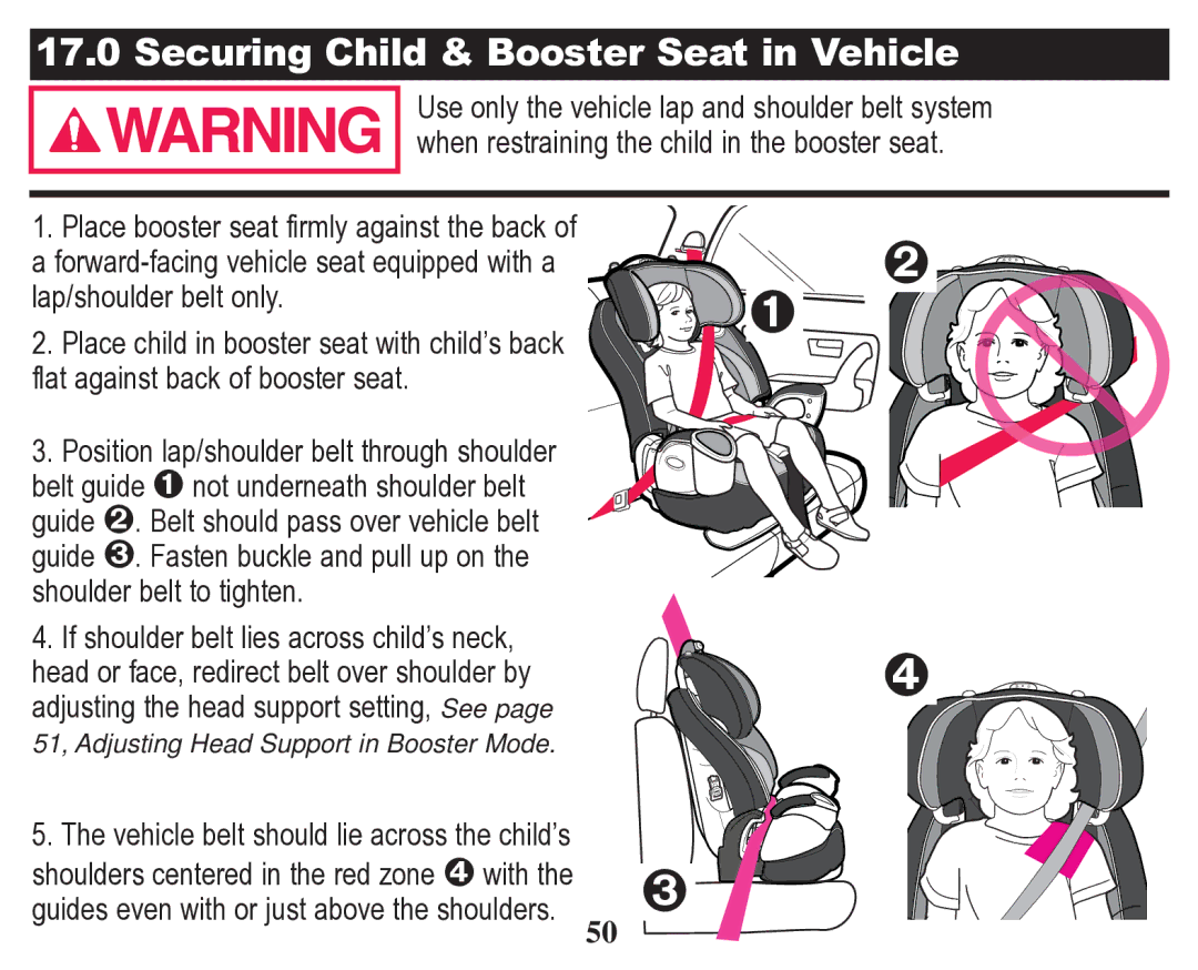 Graco 70 owner manual Securing Child & Booster Seat in Vehicle 