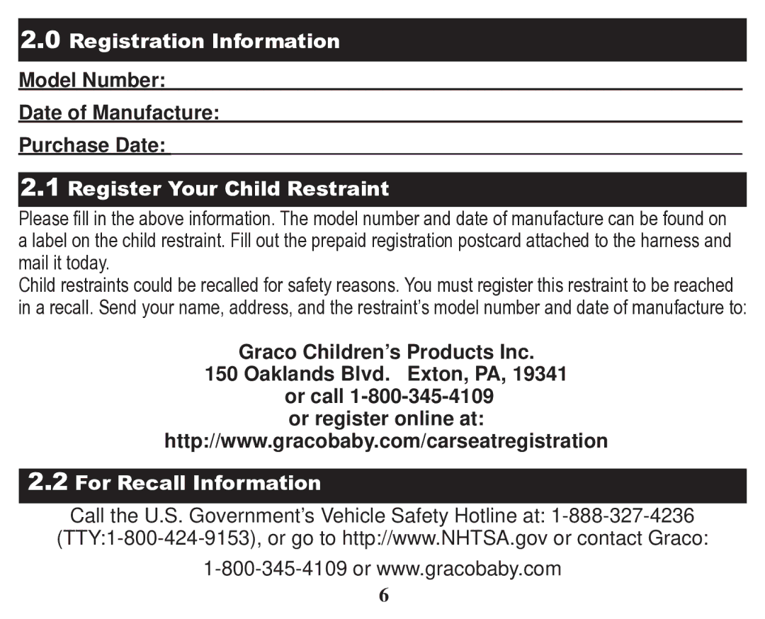 Graco 70 owner manual Model Number Date of Manufacture Purchase Date, Register Your Child Restraint 