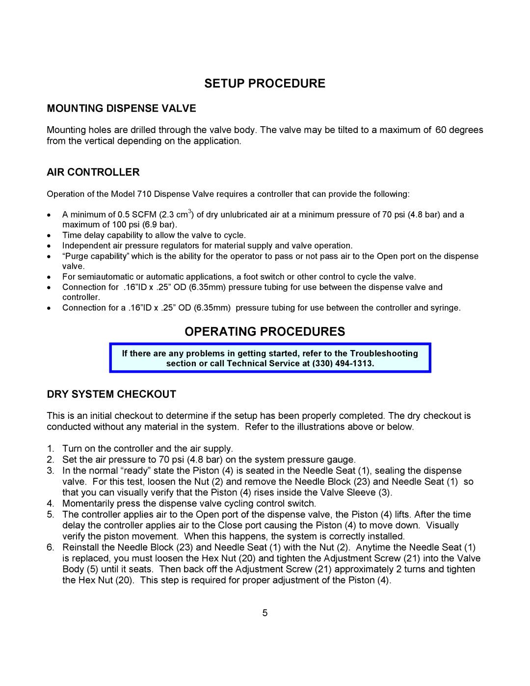 Graco 710 Setup Procedure, Operating Procedures, Mounting Dispense Valve, AIR Controller, DRY System Checkout 