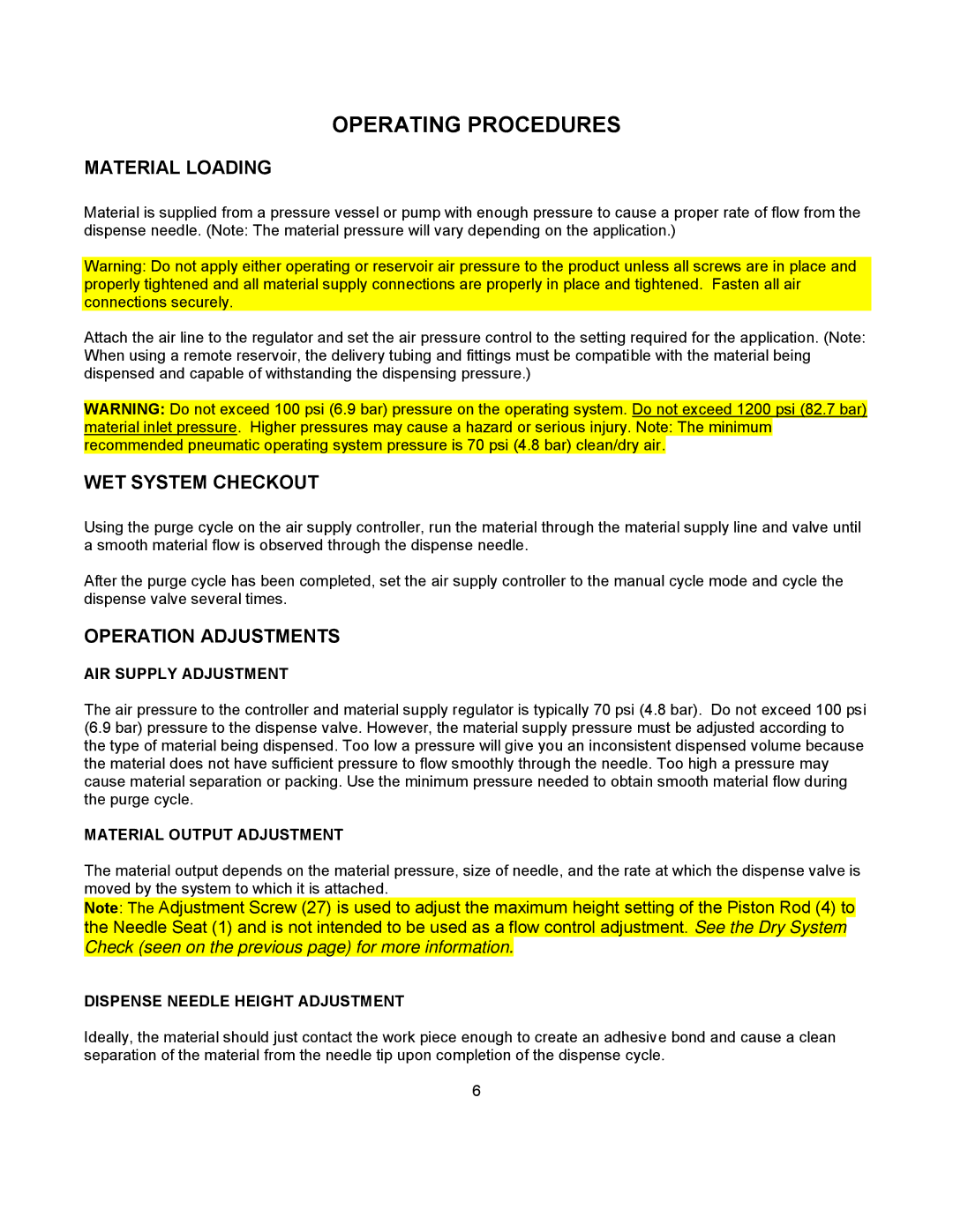 Graco 710 important safety instructions Material Loading, WET System Checkout, Operation Adjustments 