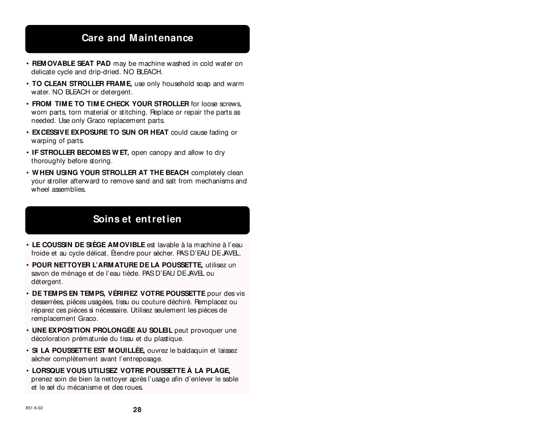 Graco 7420 manual Care and Maintenance, Soins et entretien 