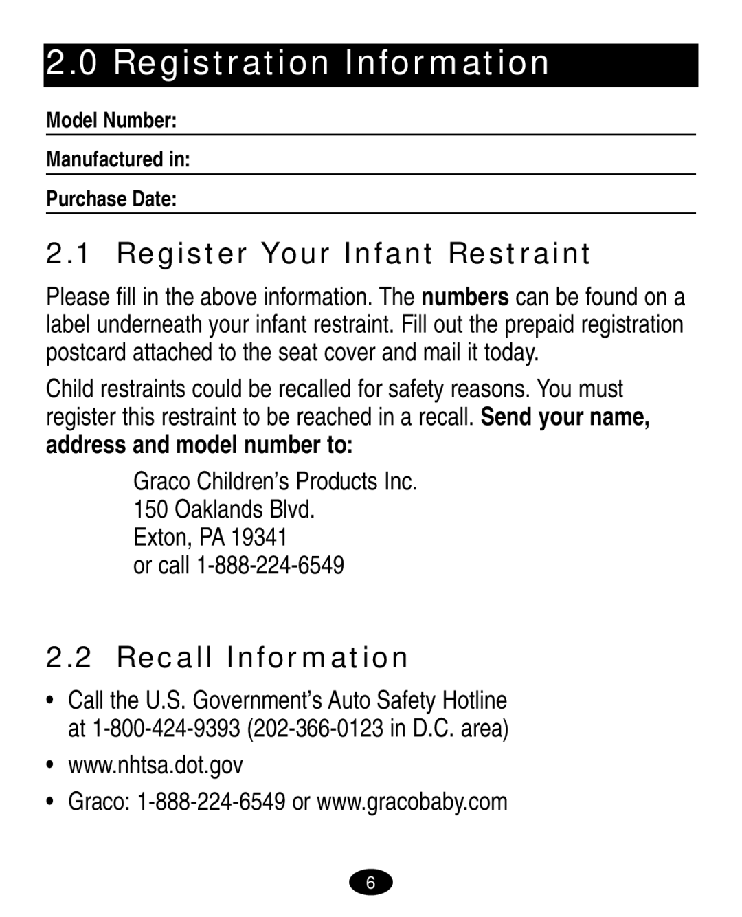 Graco 7420 manual Registration Information, Register Your Infant Restraint, Recall Information, Exton, PA Or call 