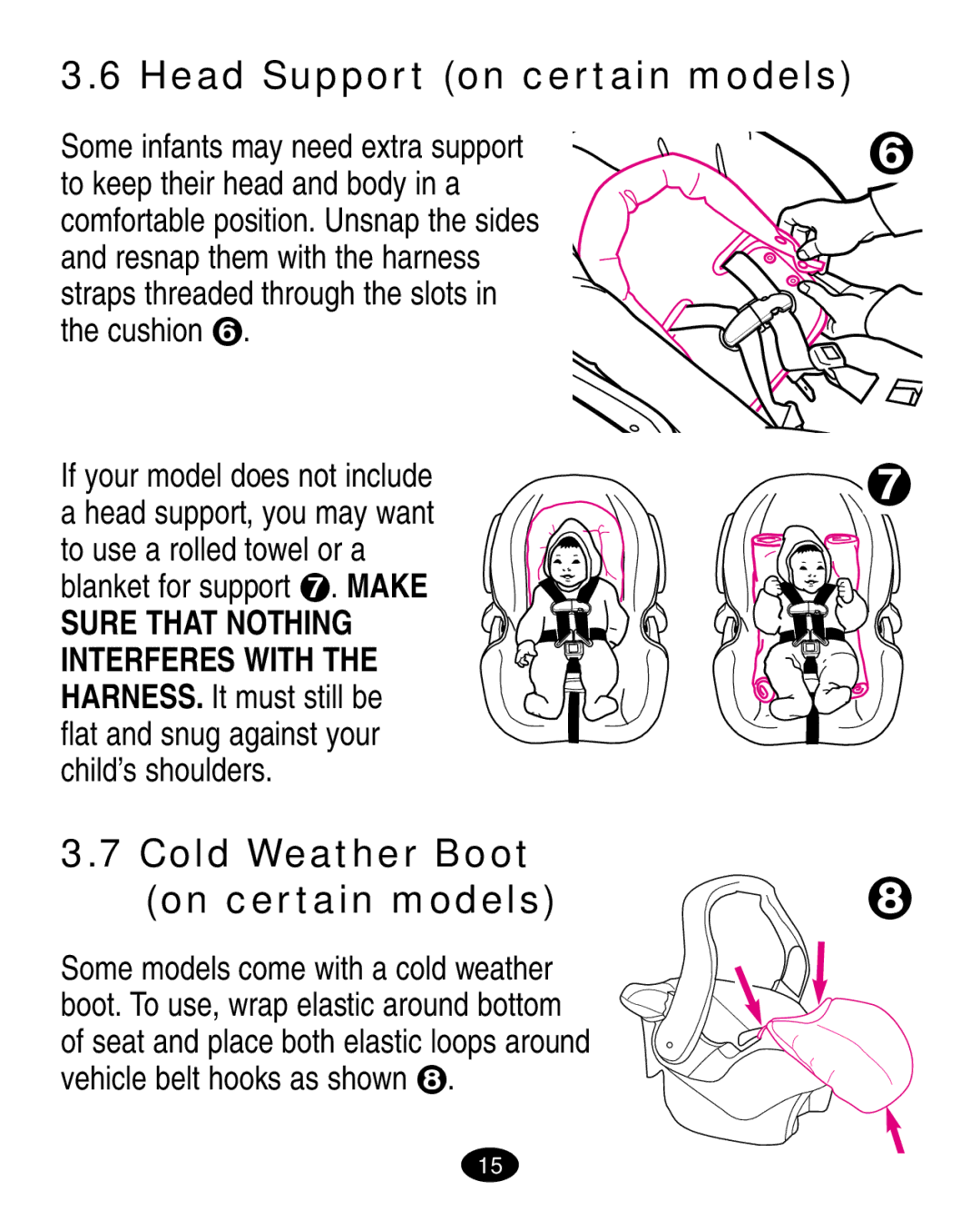 Graco 7420 manual Head Support on certain models, Cold Weather Boot On certain models 