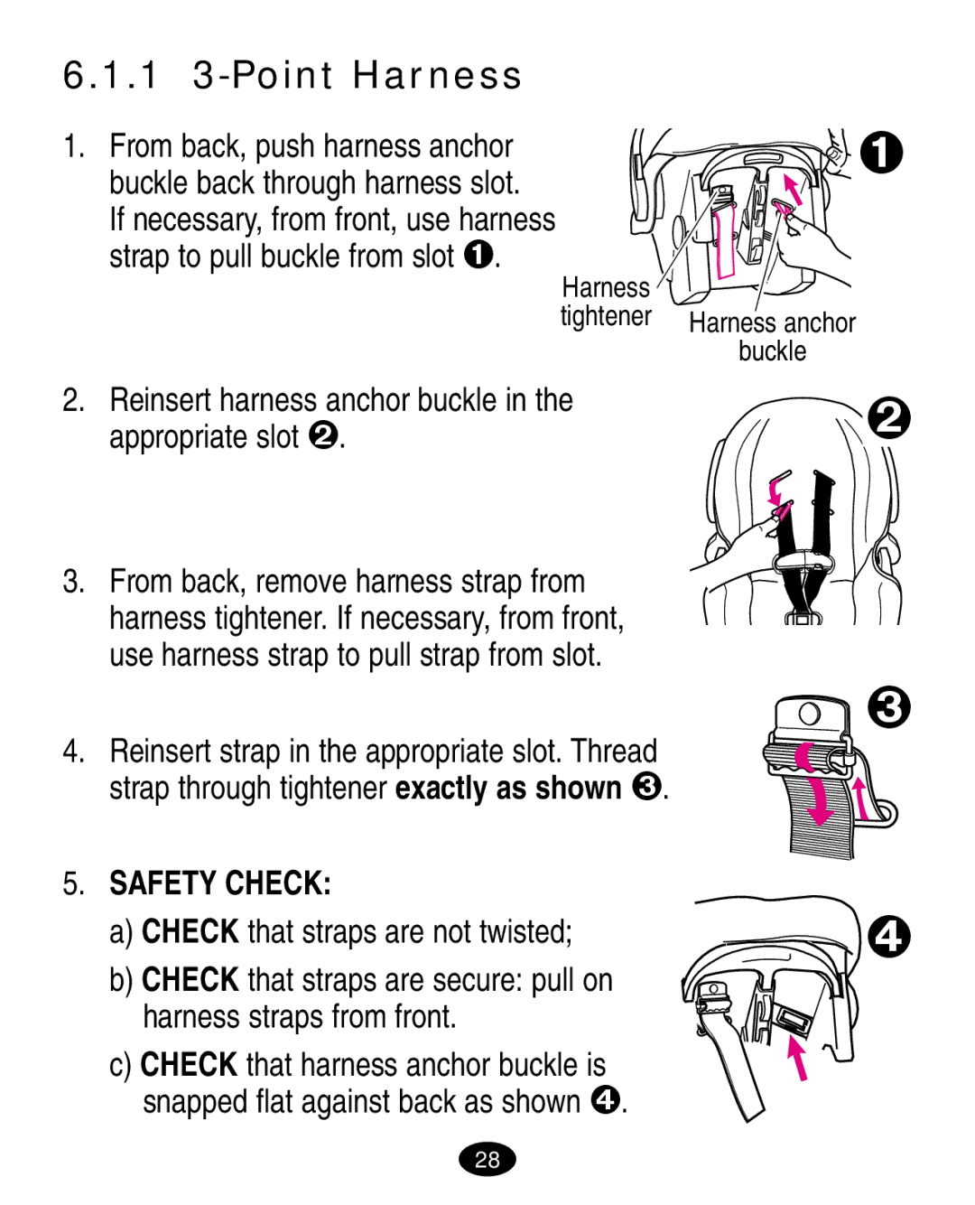 Graco 7420 manual 1 3-Point Harness, Safety Check, Check that straps are not twisted 