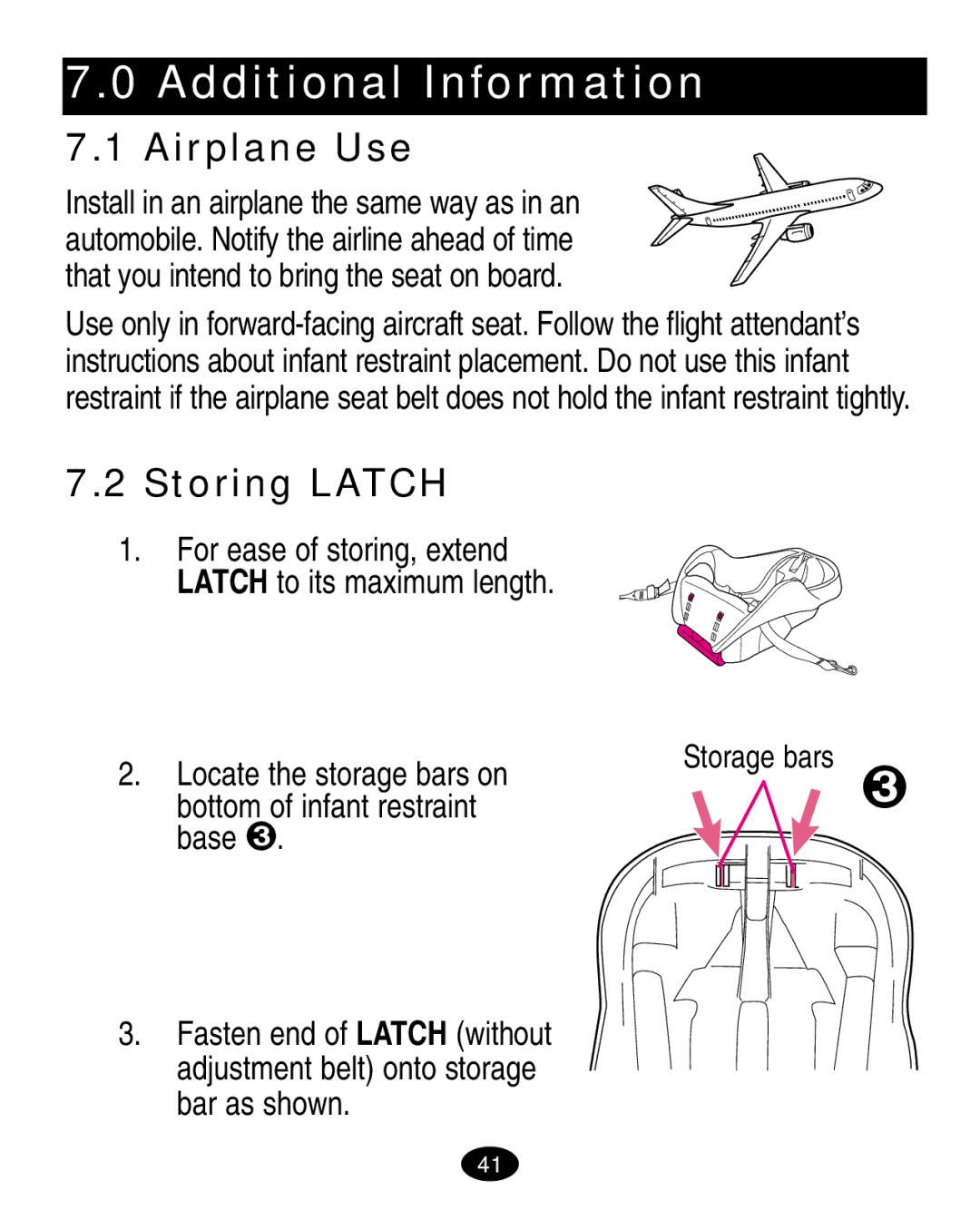 Graco 7420 manual Additional Information, Airplane Use, Storing Latch, Locate the storage bars on 