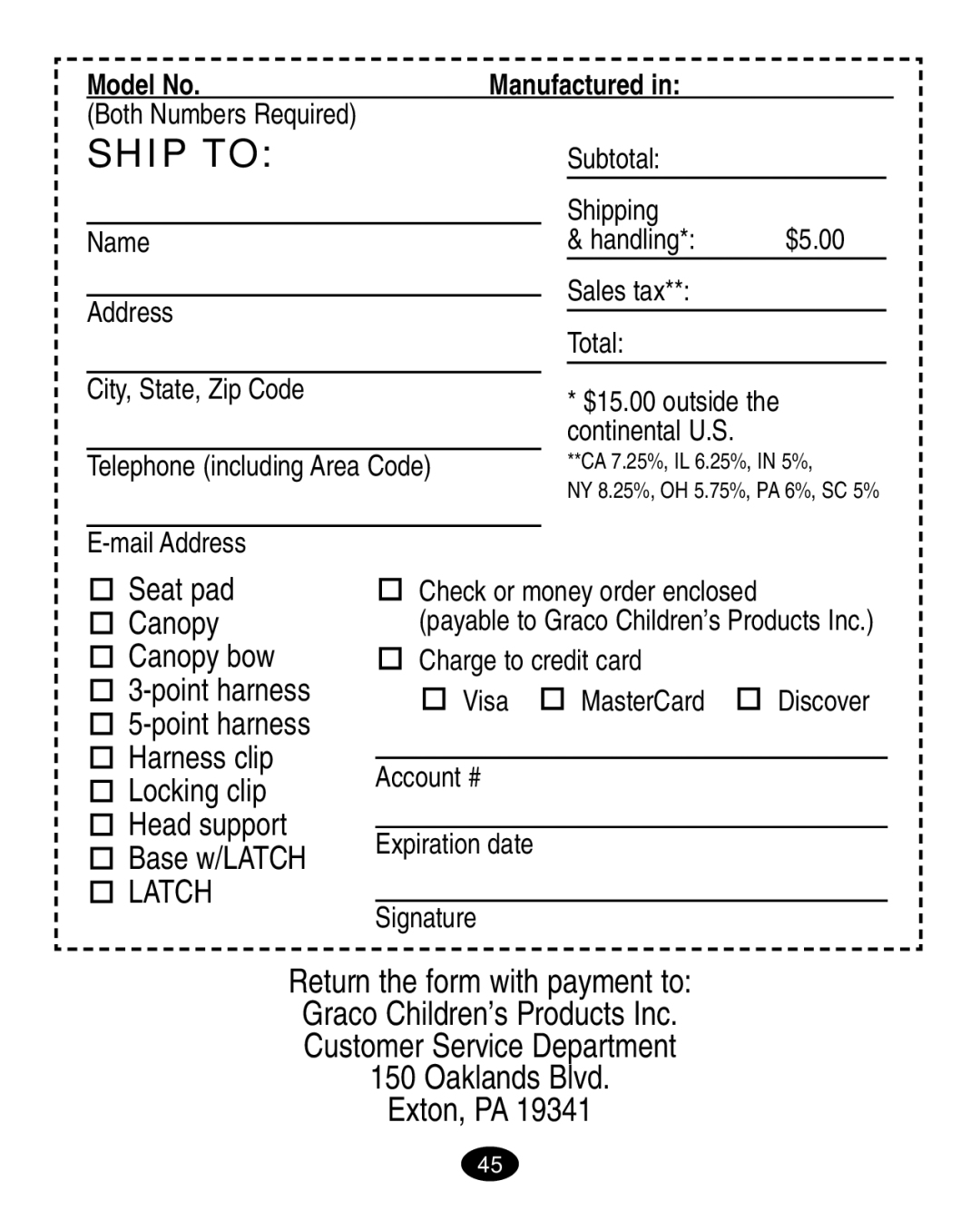 Graco 7420 manual Ship to, Exton, PA 