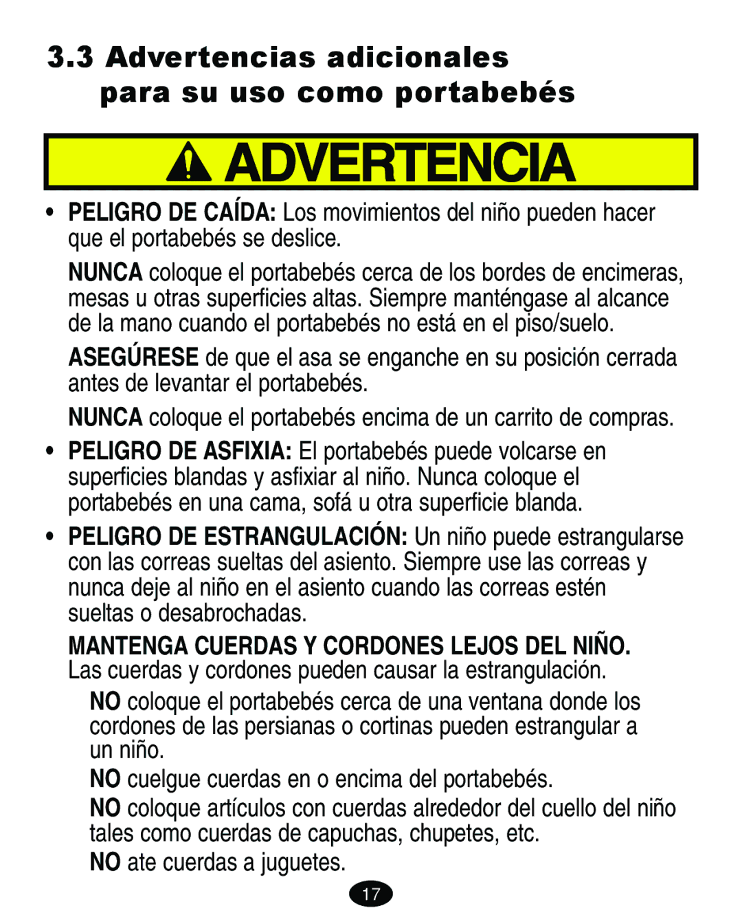 Graco 7421 owner manual Advertencias adicionales para su uso como portabebés 