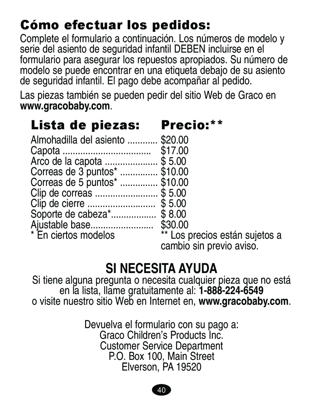 Graco 7421 owner manual Cómo efectuar los pedidos, Lista de piezas Precio 