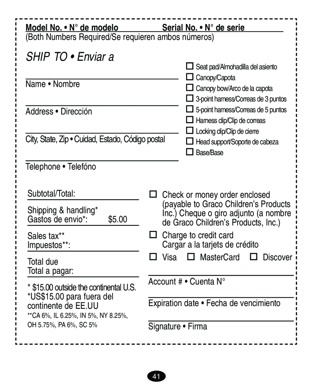 Graco 7421 owner manual Ship to Enviar a, Name Nombre 