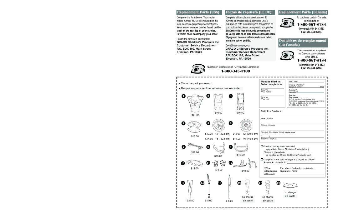 Graco 7421 owner manual Replacement Parts USA 