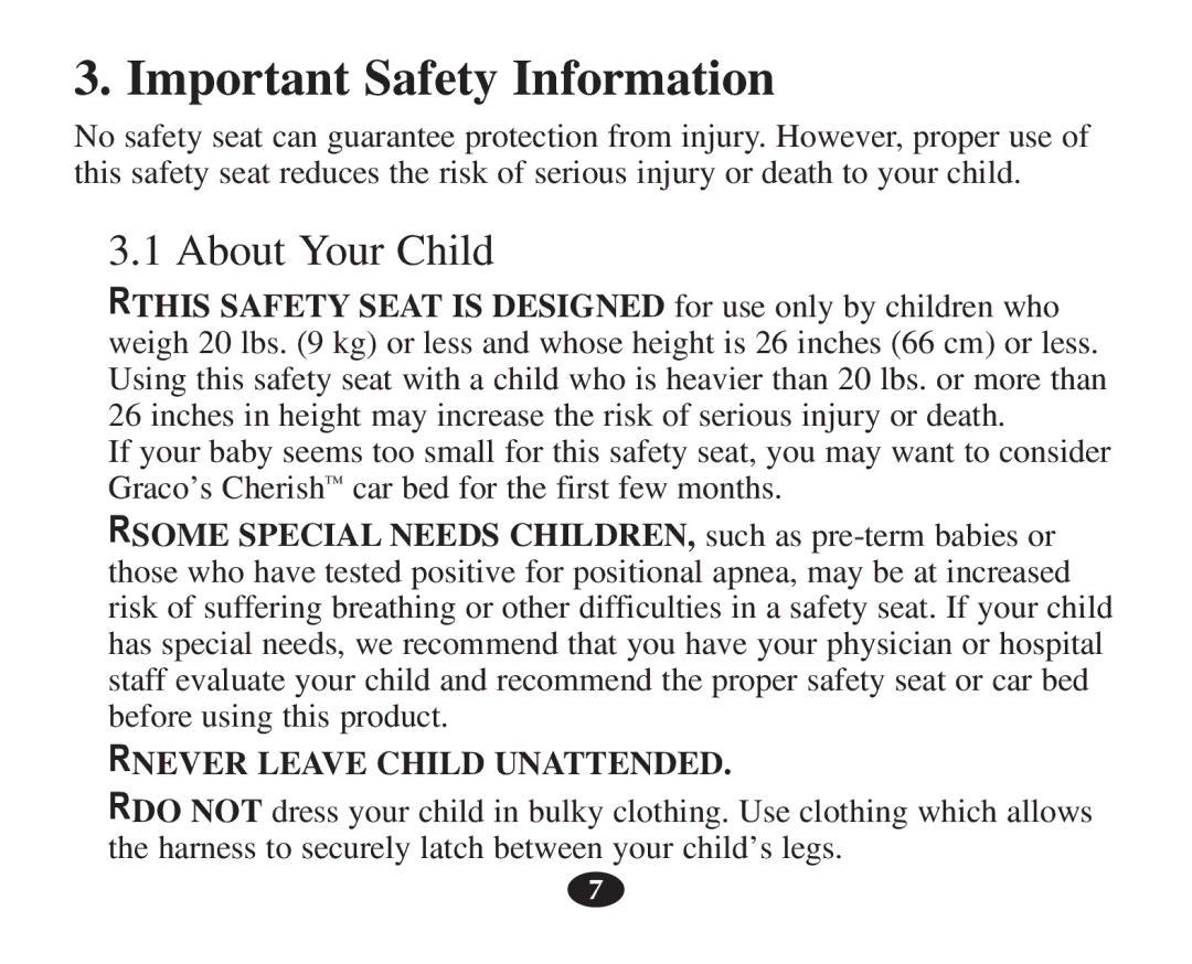 Graco 7421 owner manual Important Safety Information, About Your Child 